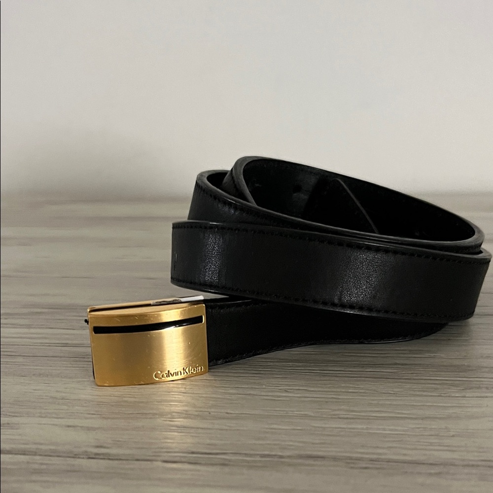 Calvin Klein Black Leather Belt with Gold Buckle